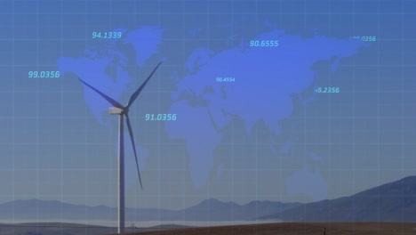 Animation-of-financial-data-processing-over-world-map-and-wind-turbine