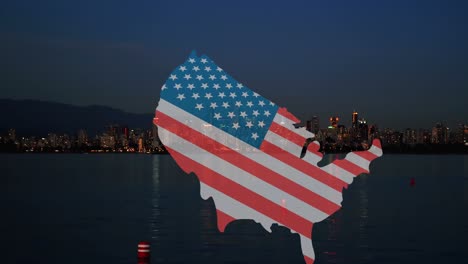 Animation-of-map-of-usa-with-usa-flag-appearing-over-night-cityscape