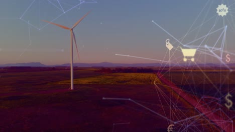 Animation-of-icons-and-connections-over-wind-turbine-and-landscape,