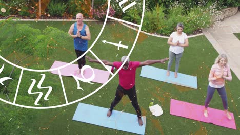 Animation-of-horoscope-over-diverse-group-of-seniors-exercising