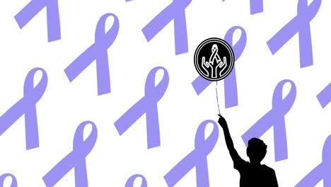 Animation-of-child-with-cancer-ribbon-icon-over-blue-cancer-ribbons