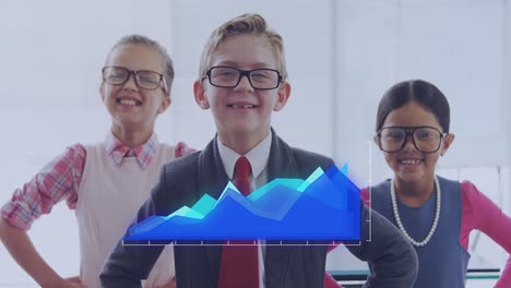 Animation-of-financial-data-processing-over-diverse-school-children-dressed-as-business-people