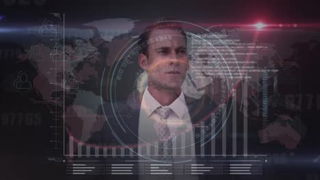 Animation-of-caucasian-businessman-and-diverse-data-processing-on-digital-screen