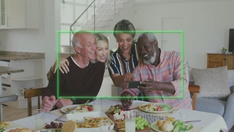 Animation-of-frame-over-diverse-group-of-seniors-talking