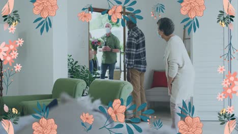 Animation-of-flowers-over-diverse-group-of-seniors-greeting