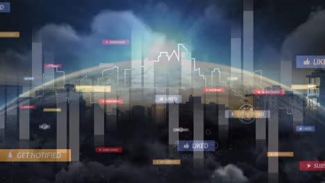Animation-Von-Globus--Und-Social-Media-Reaktionen-über-Dem-Stadtbild