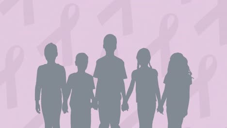 Animation-of-silhouette-of-children-over-cancer-ribbons