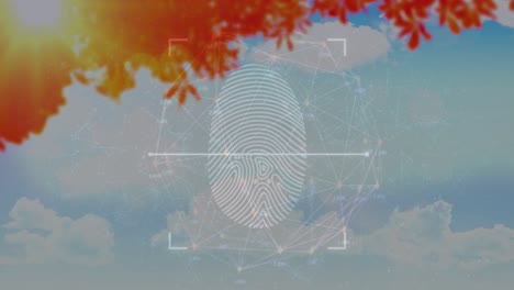 Animation-of-connections-over-fingerprint-scanning-over-sky-and-foliage