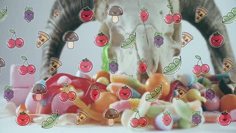 Animation-Von-Fallenden-Lebensmitteln-über-Obst-Und-Gemüse-Auf-Dem-Tisch