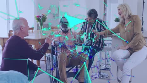Animation-of-shapes-over-diverse-group-of-seniors-using-vr-headset