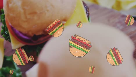 Animation-of-hamburger-icons-over-hamburgers-on-wooden-surface