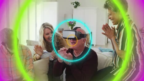 Animation-of-neon-circles-over-diverse-group-of-seniors-using-vr-headset
