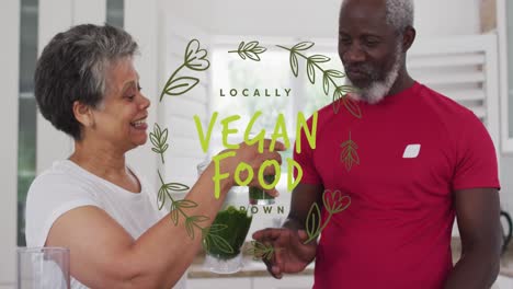 Animation-of-vegan-food-text-over-senior-african-american-couple-with-healthy-drink