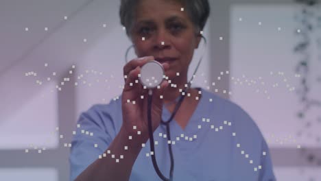 Animation-of-spots-over-african-american-female-doctor-with-stethoscope