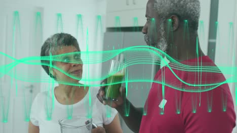 Animation-Der-Datenverarbeitung-über-Ein-älteres-Afroamerikanisches-Paar,-Das-Gesunde-Getränke-Trinkt