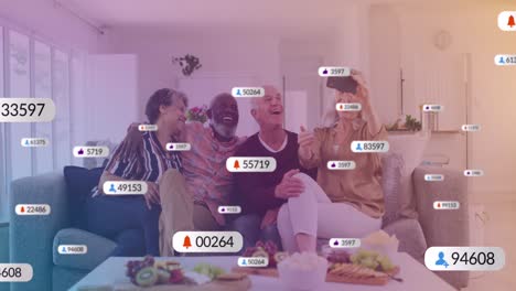 Animation-of-media-icons-over-diverse-group-of-seniors-using-smartphone