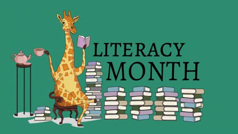 Animation-of-literacy-month-text-over-giraffe-reading-books-icons
