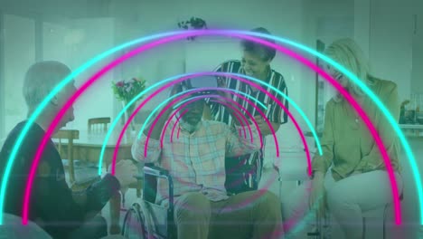 Animation-of-circles-over-diverse-group-of-seniors-using-vr-headset