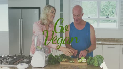 Animation-of-go-vegan-text-over-senior-caucasian-couple-cooking