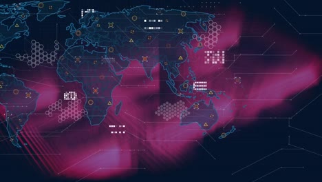 Animación-Del-Mapa-Mundial-Con-Procesamiento-De-Datos-Sobre-Fondo-Oscuro