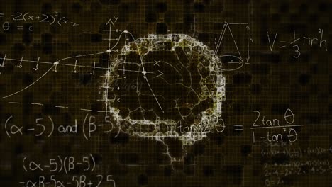 Animación-Del-Cerebro-Girando-Sobre-Fondo-Negro-Con-Fórmulas-Matemáticas