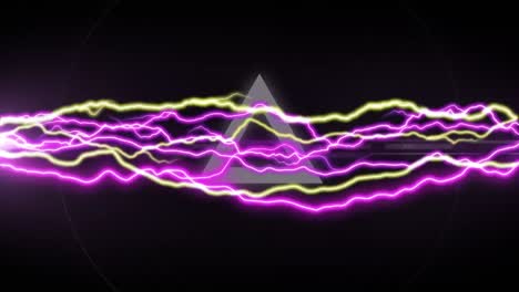 Animation-of-neon-triangle-pulsating-and-pink-an-yellow-waves-on-black-background