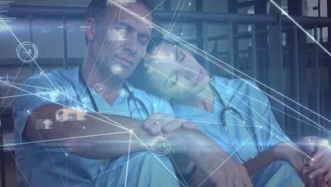 Animation-of-network-of-connections-over-diverse-female-and-male-doctors-napping