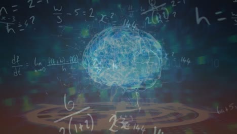 Animation-Rotierender-Gehirn--Und-Mathematikformeln-Auf-Marineblauem-Hintergrund