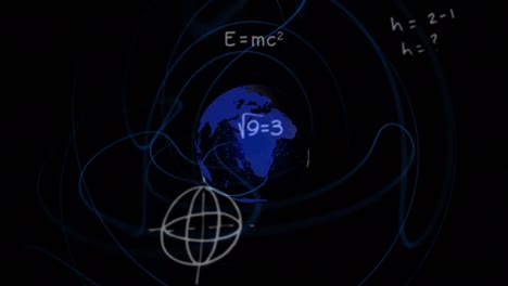 Animation-of-rotating-globe-and-math-formulas-on-black-background