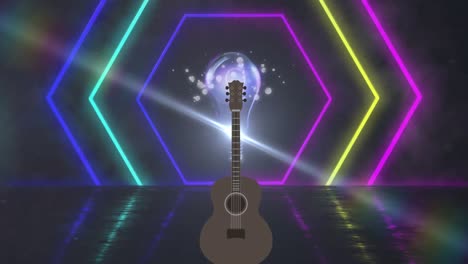 Animation-Einer-Gitarre-über-Geometrischen-Neonformen-Auf-Dunklem-Hintergrund