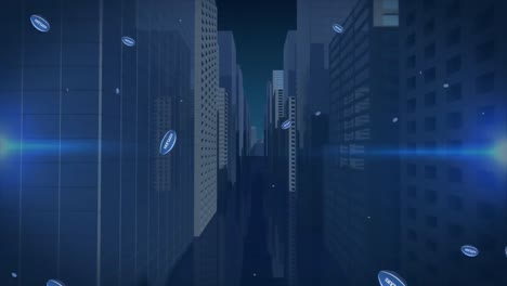 Animation-of-falling-balls-over-cityscape-on-dark-background