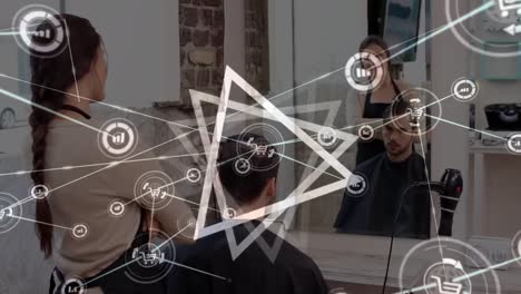 Animation-of-network-of-connections-and-triangles-over-caucasian-female-hairdresser-and-customer