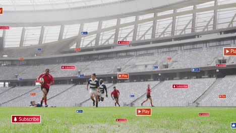 Animation-Von-Mediensymbolen-über-Verschiedenen-Männlichen-Rugbyspielern,-Die-Im-Stadion-Spielen