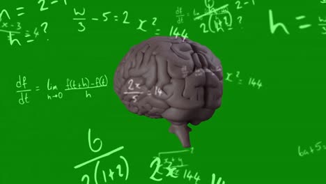 Animation-of-rotating-brain-and-math-formulas-on-green-background