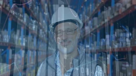 Animation-of-financial-graphs-over-happy-caucasian-male-warehouse-worker