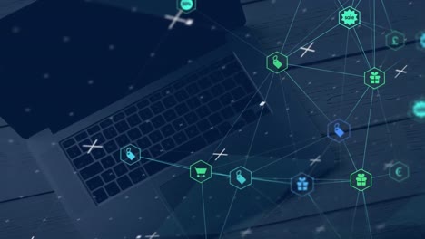 Animation-of-network-of-connections-with-icons-over-navy-background-and-laptop