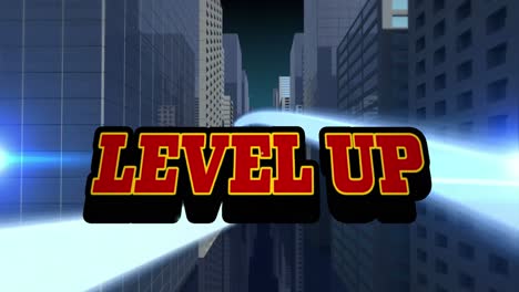 Animation-of-level-up-text-over-cityscape
