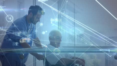 Animation-of-network-of-connections-over-male-doctor-helping-senior-patient-on-wheelchair