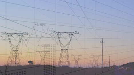 Animation-Von-Statistiken-Und-Datenverarbeitung-über-Strommast-Und-Landschaft