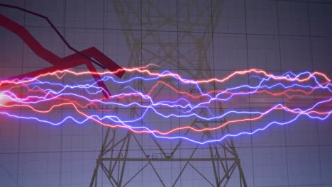 Animation-of-data-processing-with-red-lines-over-electricity-trails-and-pylon-landscape