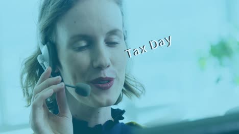 Animation-of-tax-day-over-happy-caucasian-female-consultant-at-work
