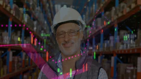 Animation-of-financial-graphs-over-happy-senior-caucasian-male-warehouse-worker
