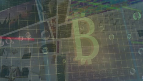 Animación-De-Bitcoin-Sobre-Fondo-Con-Burbujas-Y-Procesamiento-De-Datos