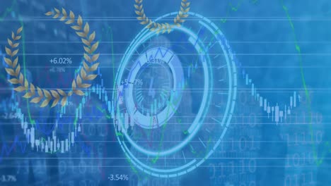 Animation-of-financial-graphs-over-processing-circle-on-blue-background