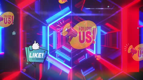 Animation-of-social-media-reactions-over-tunnel-made-of-moving-neon-lights