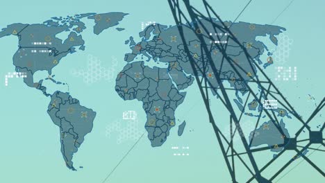 Animation-of-data-processing-with-world-map-over-overhead-power-lines