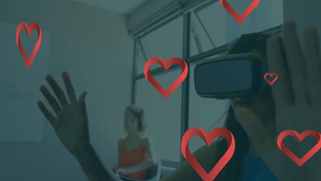 Animation-of-falling-hearts-over-caucasian-woman-using-vr-headset