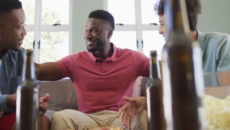 Happy-diverse-male-friends-drinking-beer-and-talking-in-living-room