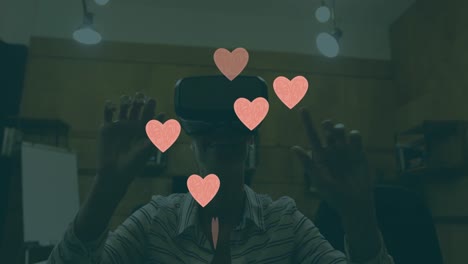 Animation-Fallender-Herzen-über-Einer-Kaukasischen-Frau-Mit-VR-Headset