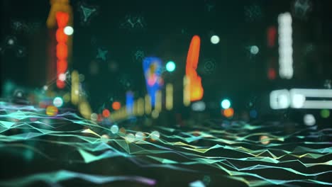 Animation-of-green-waves-and-dots-over-night-blurred-cityscape